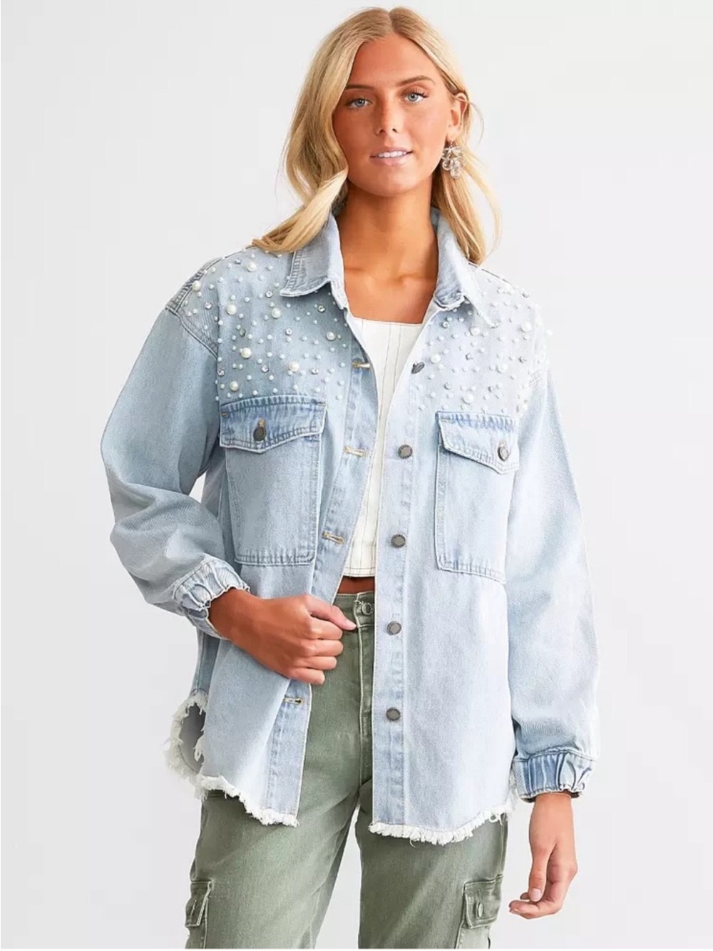 Veveret Denim Jacket with Pearl Studs